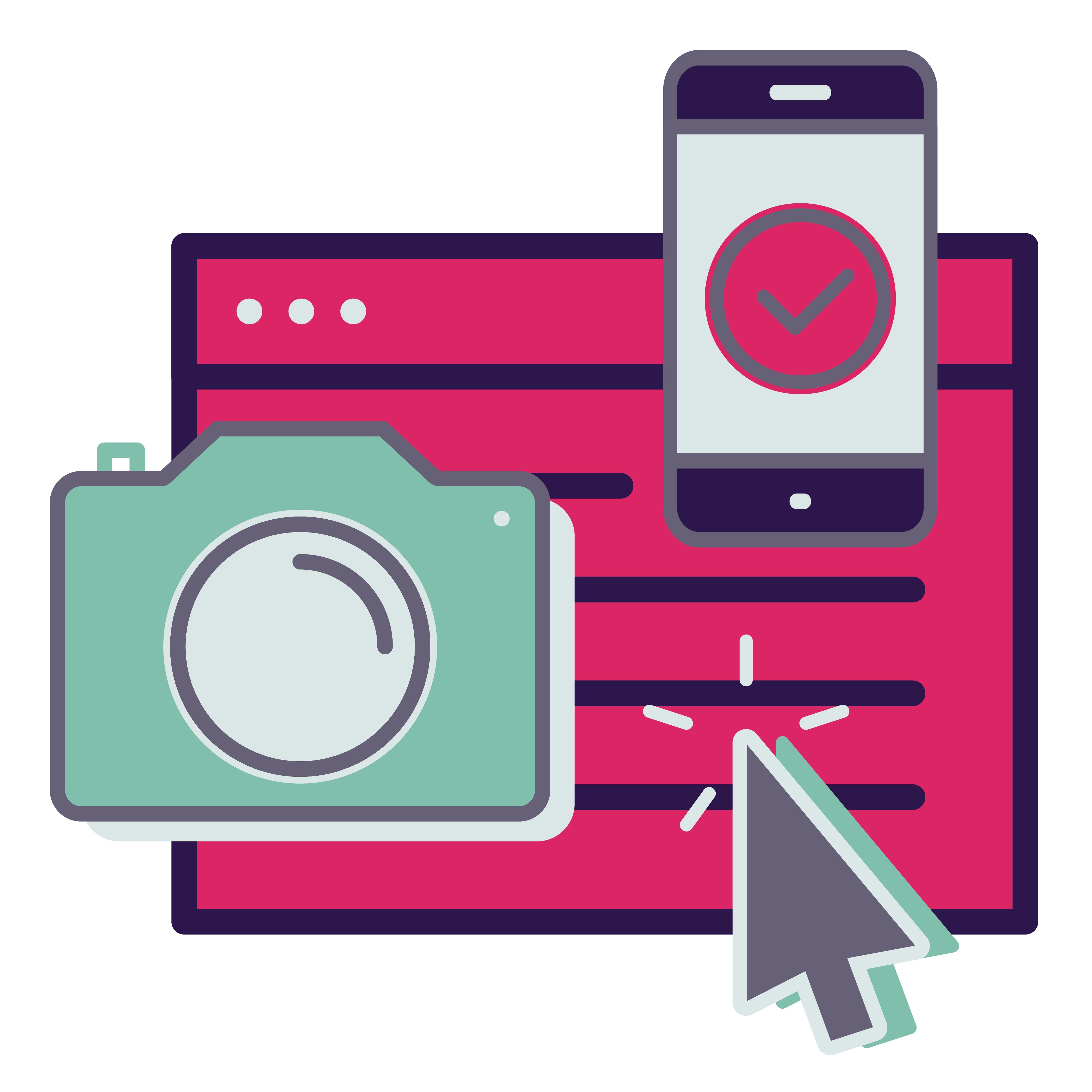 Illustration of a camera, smartphone, and computer screen with a cursor, symbolizing digital media and photography.