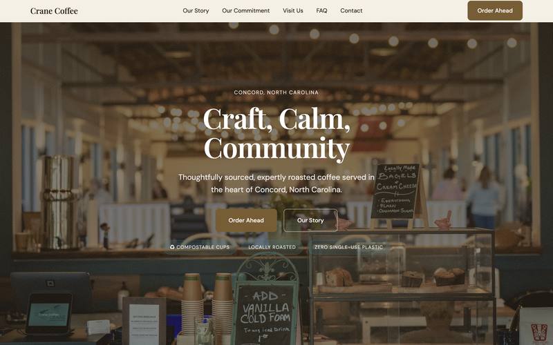 The Crane Coffee homepage: "Craft, Calm, Community" over a photo of the counter and pastry case.